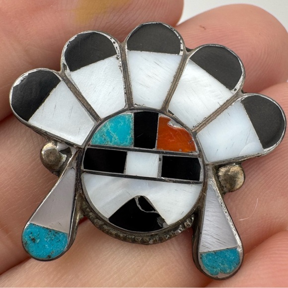 Old Vintage Zuni Native American Black and White‎ Inlay Brooch Pin - Picture 6 of 6